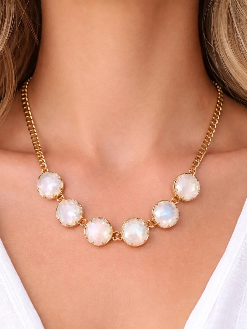 Zoetik Gold Tone White Faceted Stone Statement Necklace Chunky Chain Elegant NWT